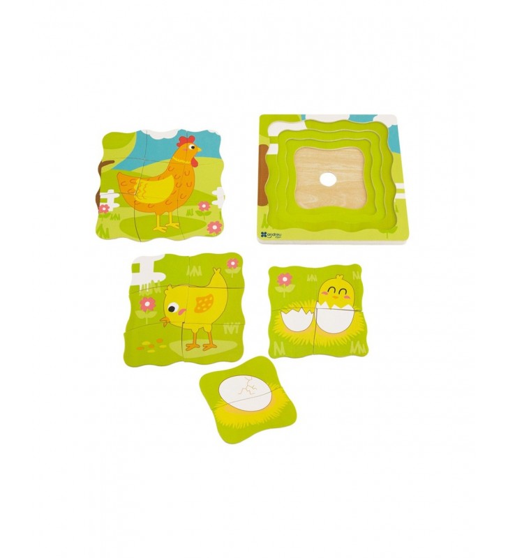 Puzzle Galinha de Camadas, em madeira 18x18x1,5cm, com 21 peças