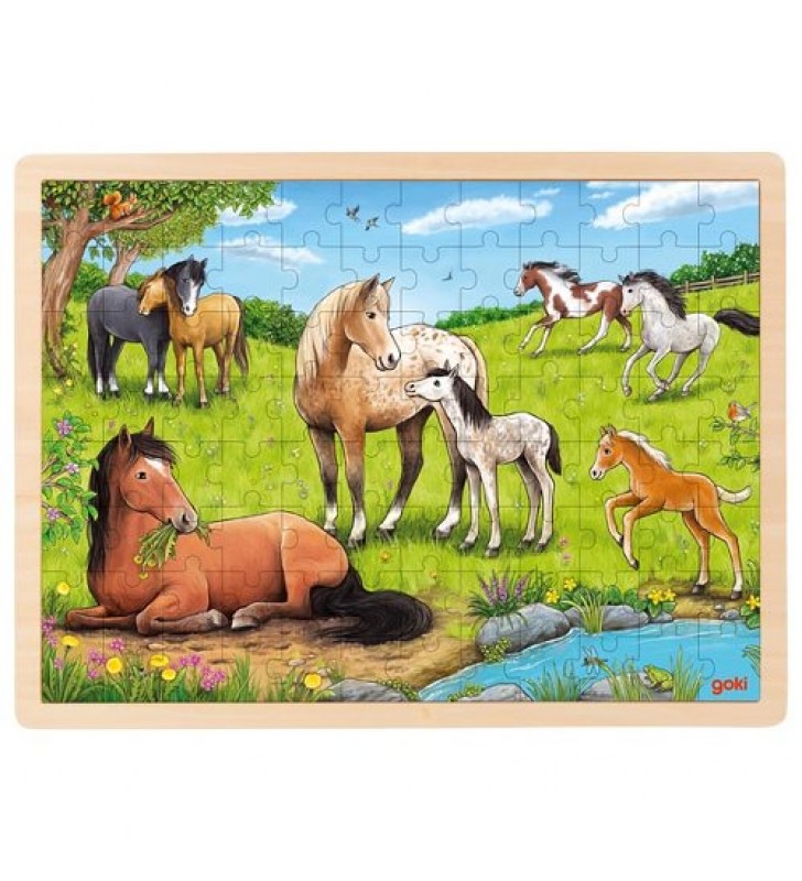 Puzzle Verão no Prado de Cavalos, em madeira 40x30cm, com 96 peças, Goki 57321