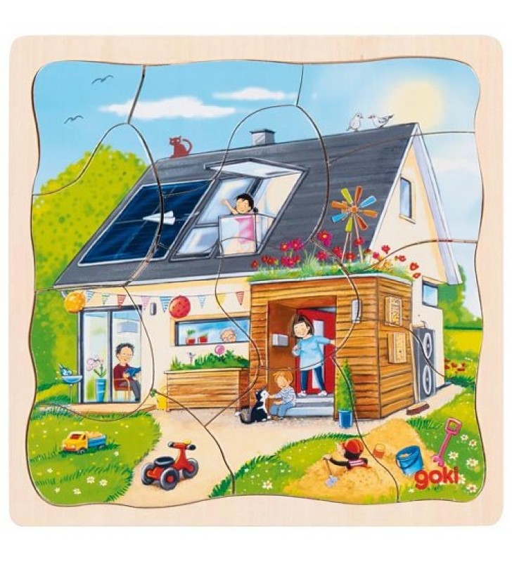 Puzzle Construção da Casa em Madeira, 3 camadas com 35 peças, goki 57323.