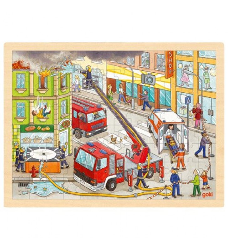 Puzzle Bombeiros em Ação, em madeira 40x30cm, com 96 peças, Goki 57336